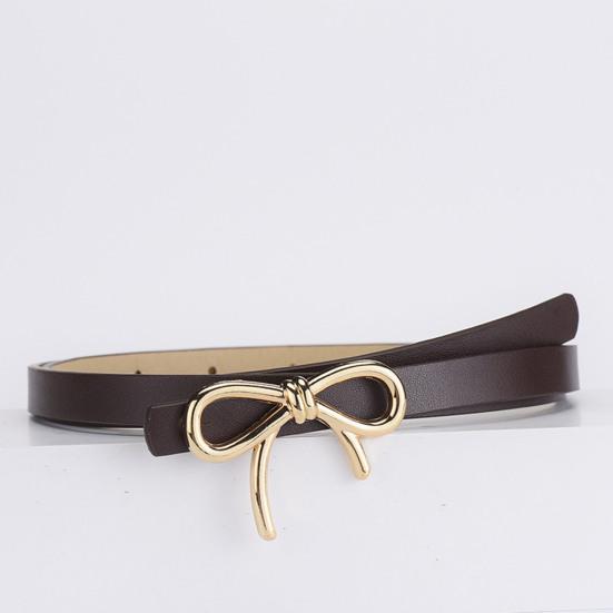 Women Belt Solid Color Metal Bowknot Decorated Imitation Leather Strap Belt Adjustable Holes Slim Waistband