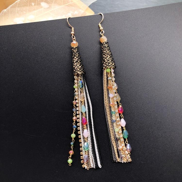 Luxury Retro Handmade Crystal Earrings Femininity Versatile Long Fringed Bride Earrings High-end Ear Jewelry