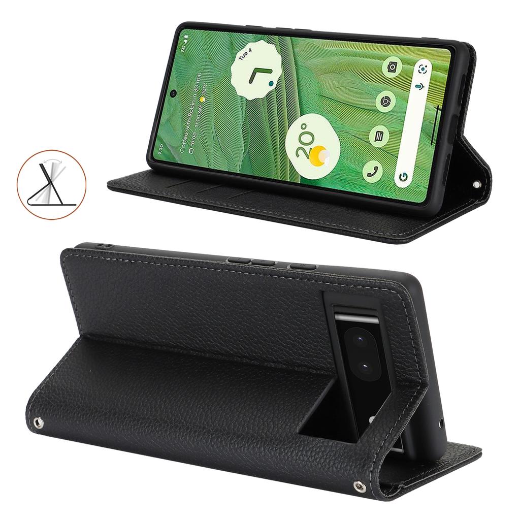 For Google Pixel 7 5G Case Stand Wallet Litchi Texture Leather Flip Phone Cover with Strap