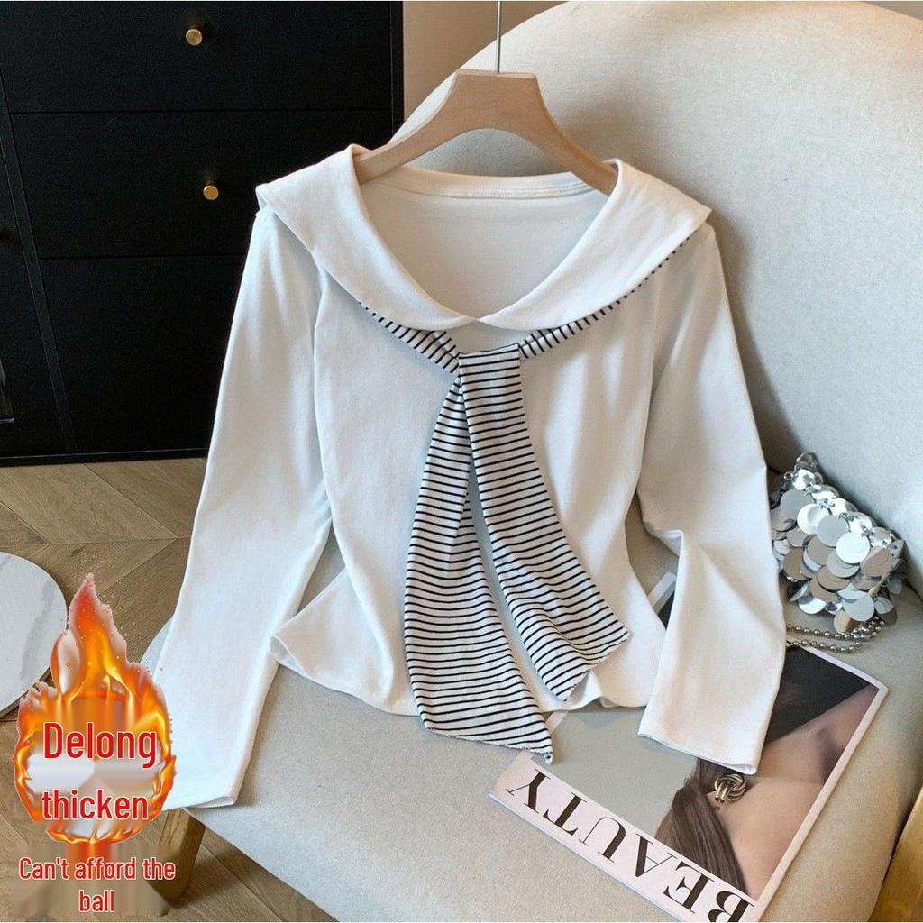 Korean Style Drop Shoulder Naval Collar Long Sleeve Top for Women, Slim Fit Flowy Ribbon Design, Perfect for Spring/Autumn.