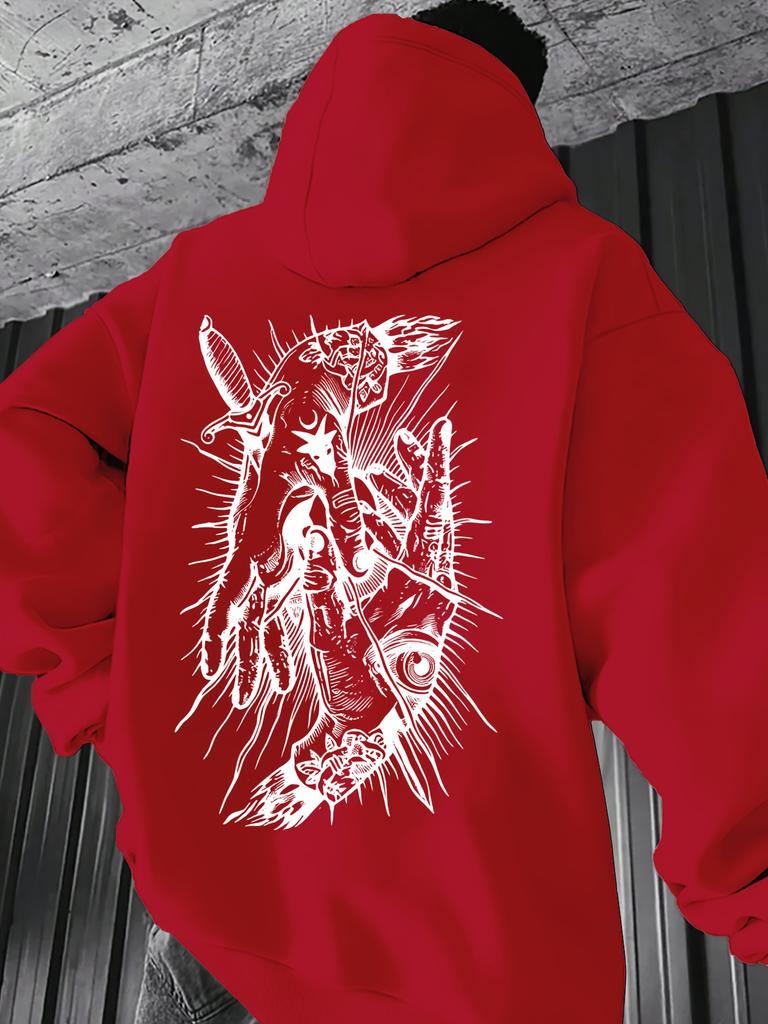 Vintage black line sketch weird hand totem artwork printed men hip hop sports hoodie casual drop shoulder long sleeve hooded top