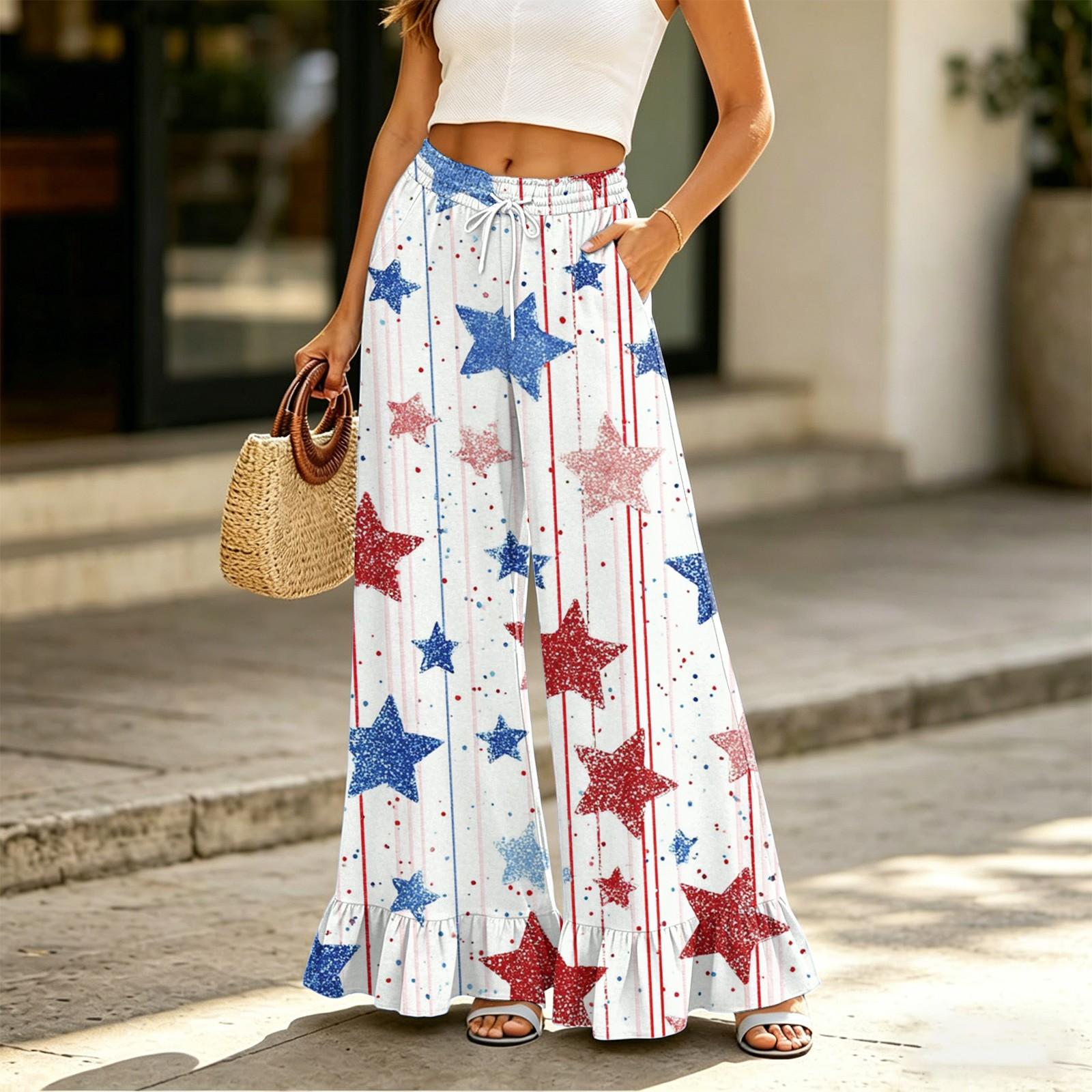 

Women’s High Waist Wide Leg Pants with Drawstring Waistband and Pockets Loose Fit Casual Long Trousers Star Print Ruffle Hem Design M бежевый