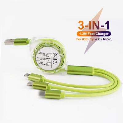 Câble USB de données rétractable 3 en 1, pour chargeur IPhone, câble de charge rapide, pour téléphone Android, Type C, Xiaomi, Huawei, Samsung