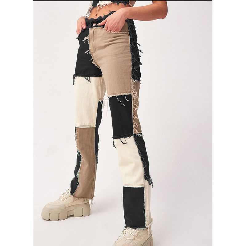 

High-waisted Spinning Straight Leg Trousers High Waist Stitching Straight-Leg Trousers Black XXL Waist 88cm