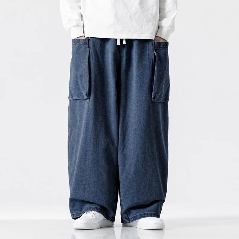 Autumn Fashion Denim Pants Men Loose Wide Leg Pants Men Vintage Streetwear Cargo Pants Male Hip Hop Big Pocket Jean Trousers