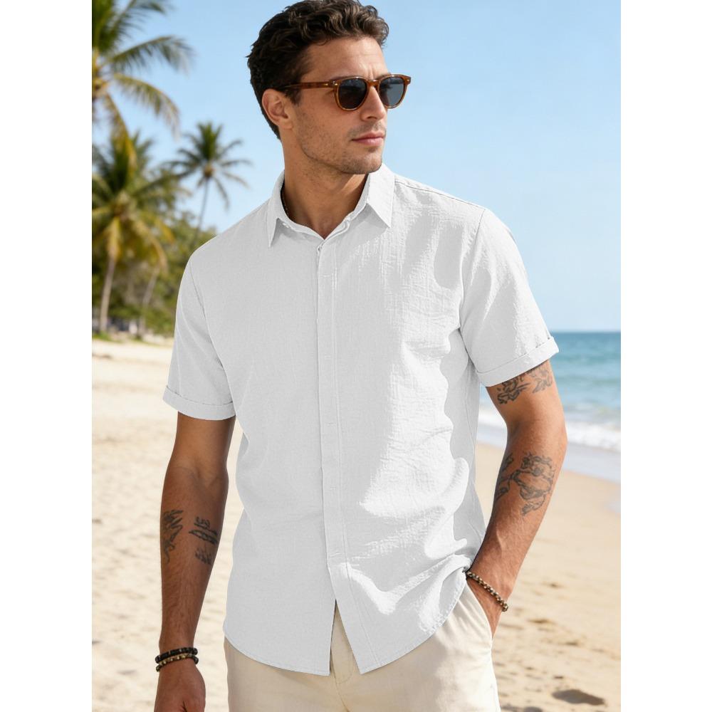 Summer Men's Solid-Colour Button-Down Casual Short-Sleeved Shirt Trendy Beach Holiday T-Shirt