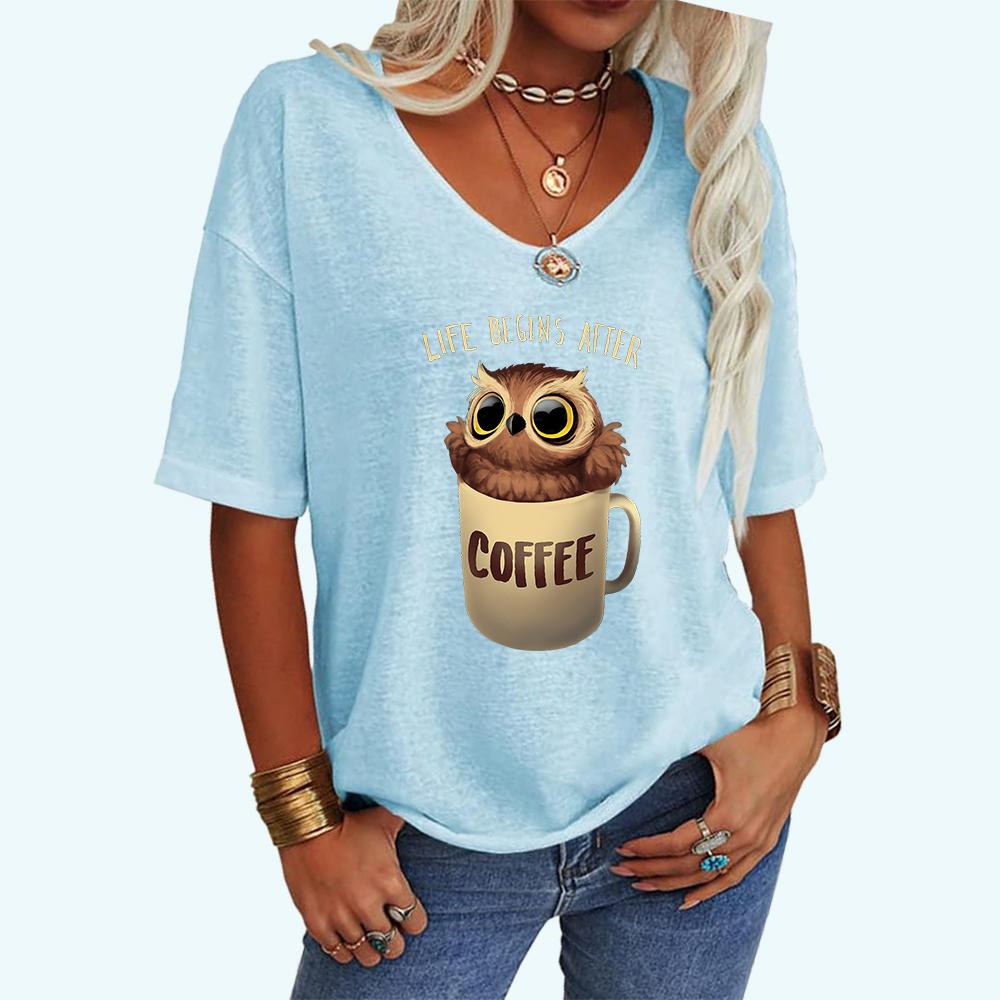 Women Fashion Cat Print Tee Shirt Casual V Neck Top Loose Short Sleeve T-shirt