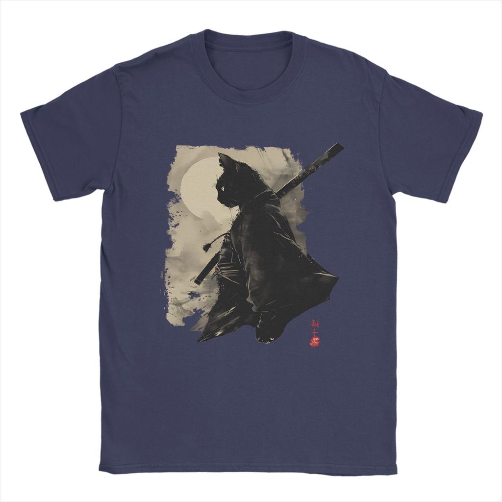 TShirts Unisex Samurai Cat Leisure Pure Cotton Tee Shirt Round Neck Short Sleeve T Shirt Plus Size Clothing