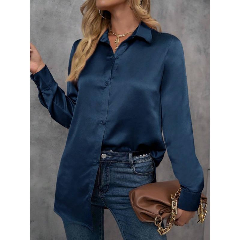 Women Solid Color Loose Satin Long Sleeve Faux Silk Commuter Button Shirt