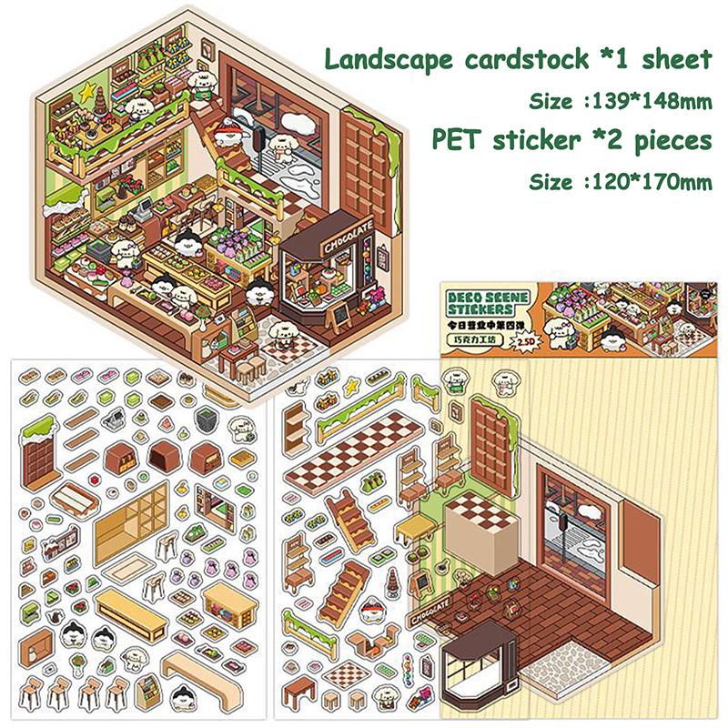 1Set Cartoon 3D Landscape Stickers Pocket Cabin Scene Stacking Pasting Stickers Diy Decoration Stickers Festival Birthday Gifts