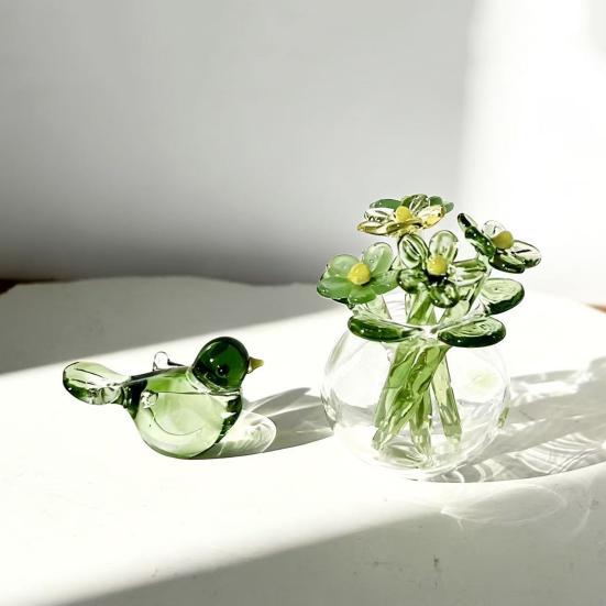 Miniature Glass Flower Figurine Small Hand Blown Faux Crystal Flower Bouquet in Vase