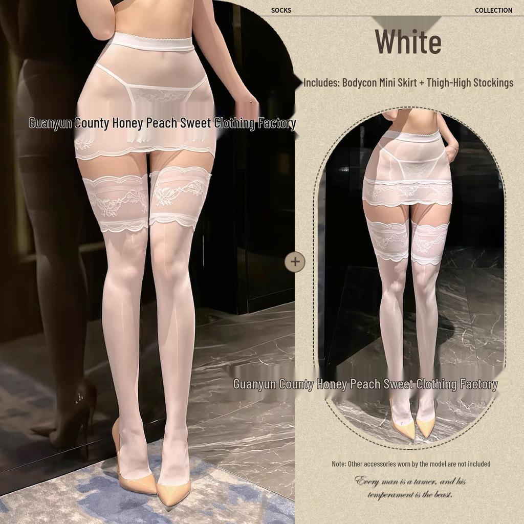 Seductive Sheer Hip-Hugging Miniskirt with Lace Trim and Over-the-Knee Black Stockings