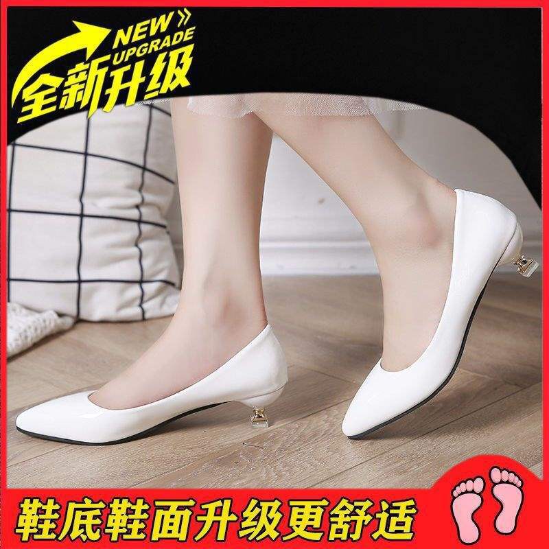 3Cm cat heel low heel spring and autumn thin heel bright leather single shoes pointed black candy color versatile simple comfortable work shoes