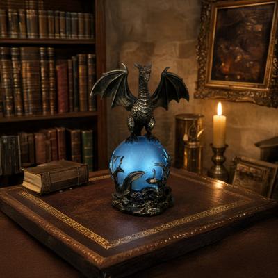 Dragon Statue with Ball, Dark Style Dragon Figurine, USB Powered Desktop Dragon Lamp Ornaments, Fantasy Gift for Men & Dragon Lovers