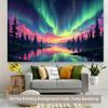 2D Colorful Sky Forest Tapestry, Northern Lights Aurora Borealis Over Pine Trees Wall Hanging, Scenic Decor