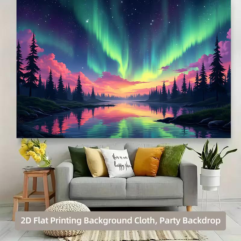 2D Colorful Sky Forest Tapestry, Northern Lights Aurora Borealis Over Pine Trees Wall Hanging, Scenic Decor