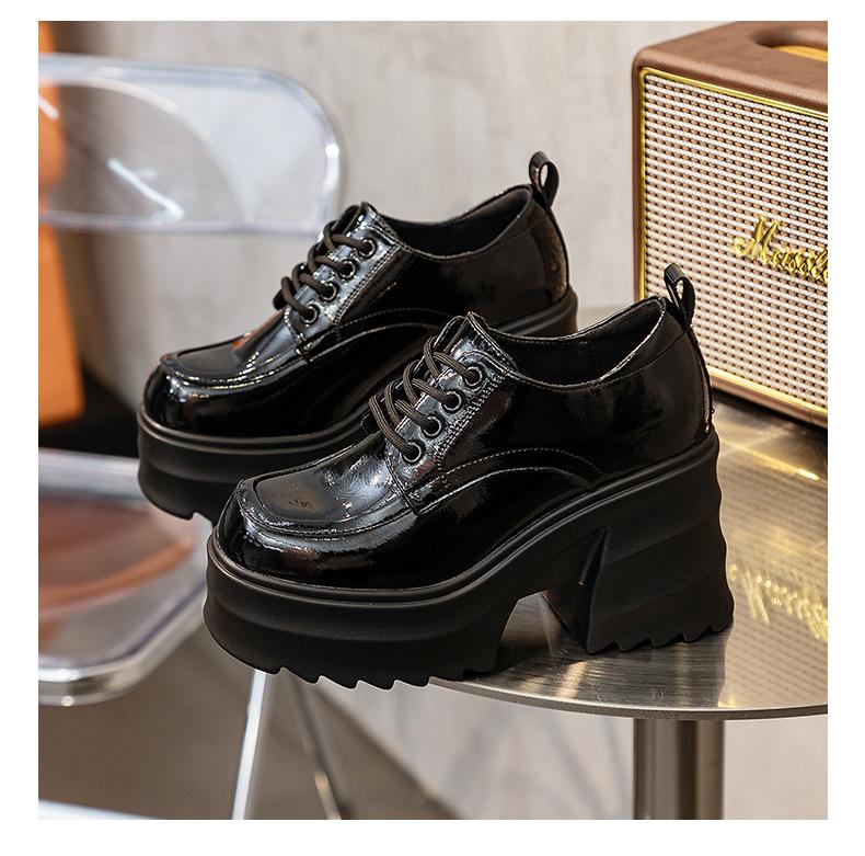 Women Platform Square Heels Leather  Lace-up Oxford Women Party Role Play Uniform Dress Shoes Woman Fashion High Heels