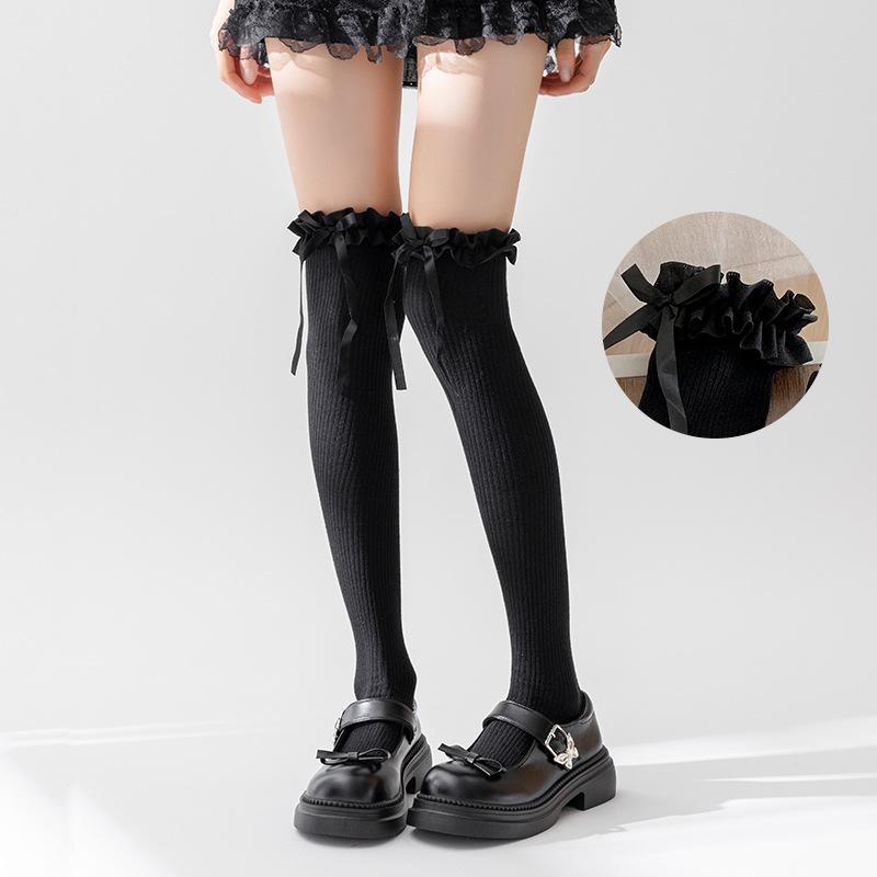 

Женские весенне-осенние гольфы до колена с кружевом Лолита, милые с ботинками, двухслойные осенне-зимние высокие балетные до икры 1 pair чёрный