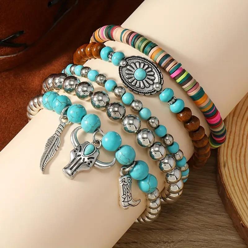5PCS Boho Beaded Turquoise Bracelet Colorful Western Cowgirl Summer Beach Jewelry