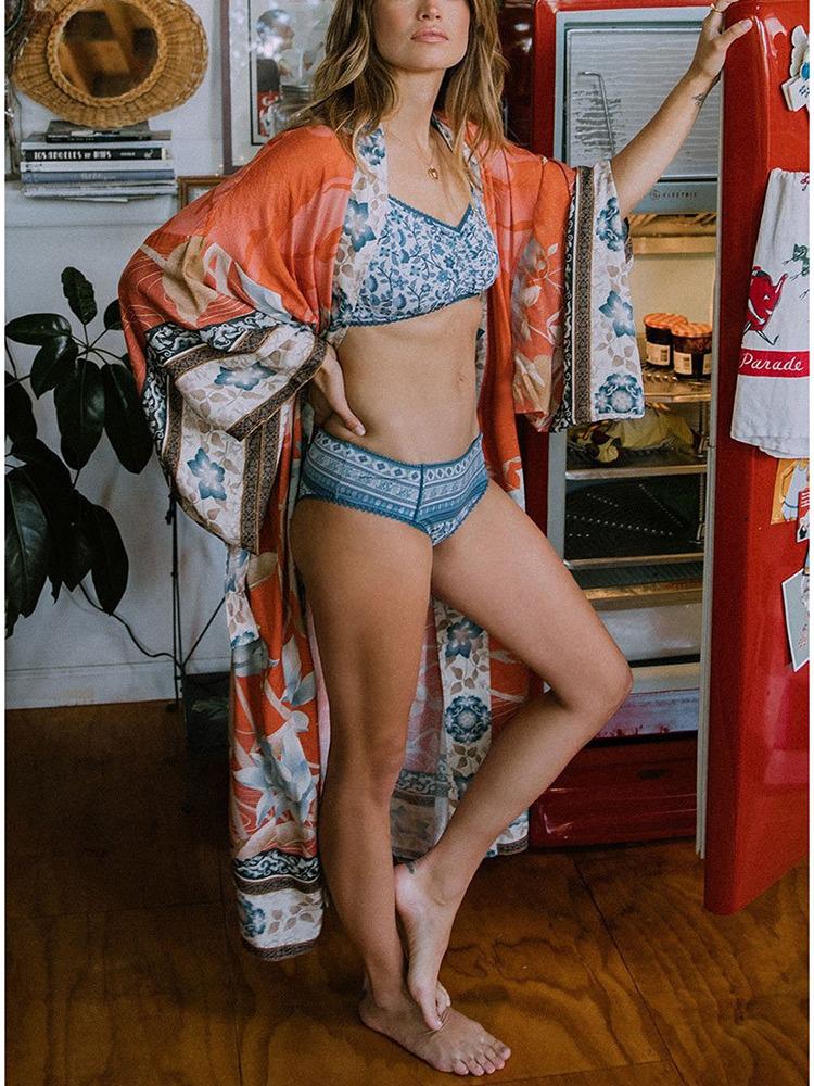 European-American Cotton Floral Kimono Cardigan - Beach Cover-up & Sun Protection 5D58