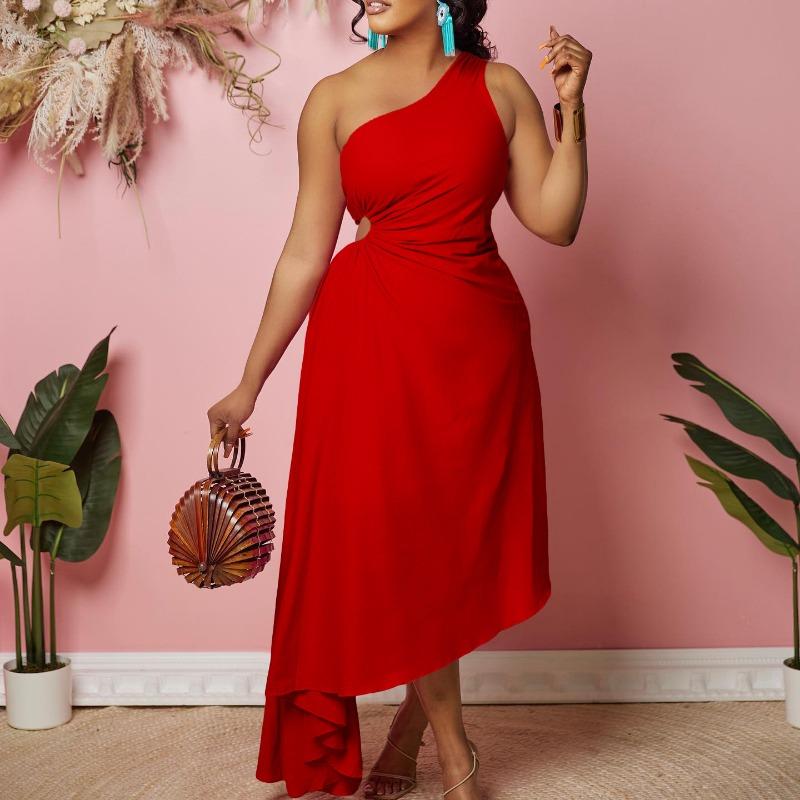 Solid Color One Shoulder Cutout Irregular High Waist Plus Size Sexy Long Dress For Women