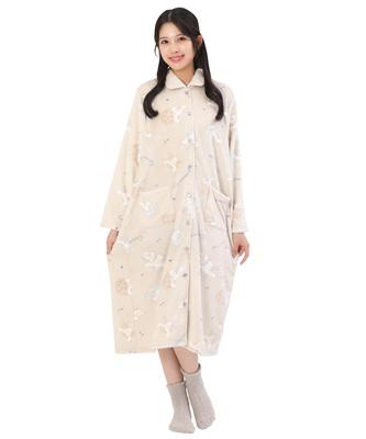 SAZAC Damen Cinnamoroll Nachthemd Pyjama Kleid, Langarm, Offen vorne, Herbst/Winter Flanell Loungewear, Größen M/L (beige)