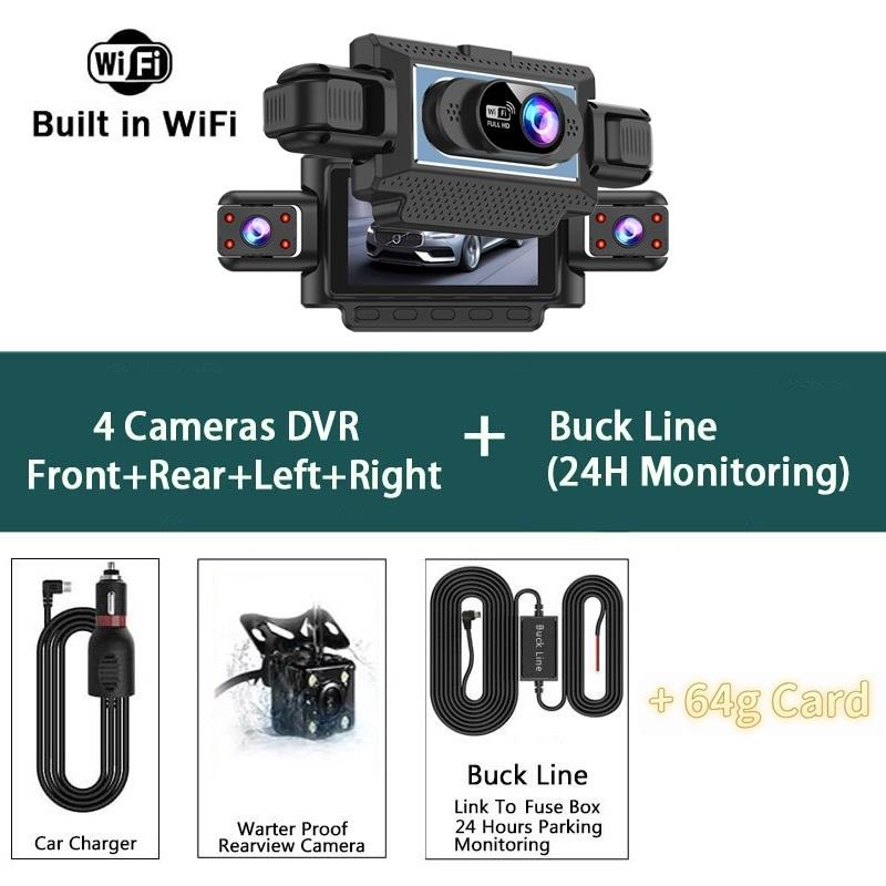 4-Channel 360° Dash Cam for Cars – WiFi APP, 1080P, 4 Camera Lenses, Rear View, Video DVR