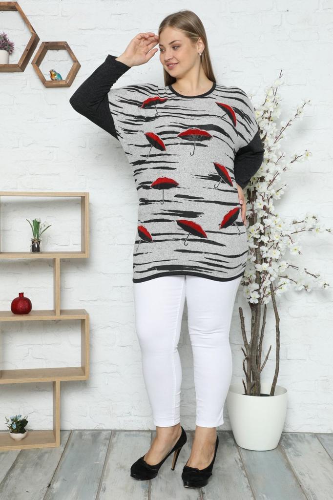 Women's Style Plus Size Tunic Pink Umbrella Patterned Stone Embroidered Long Sleeve Tunic