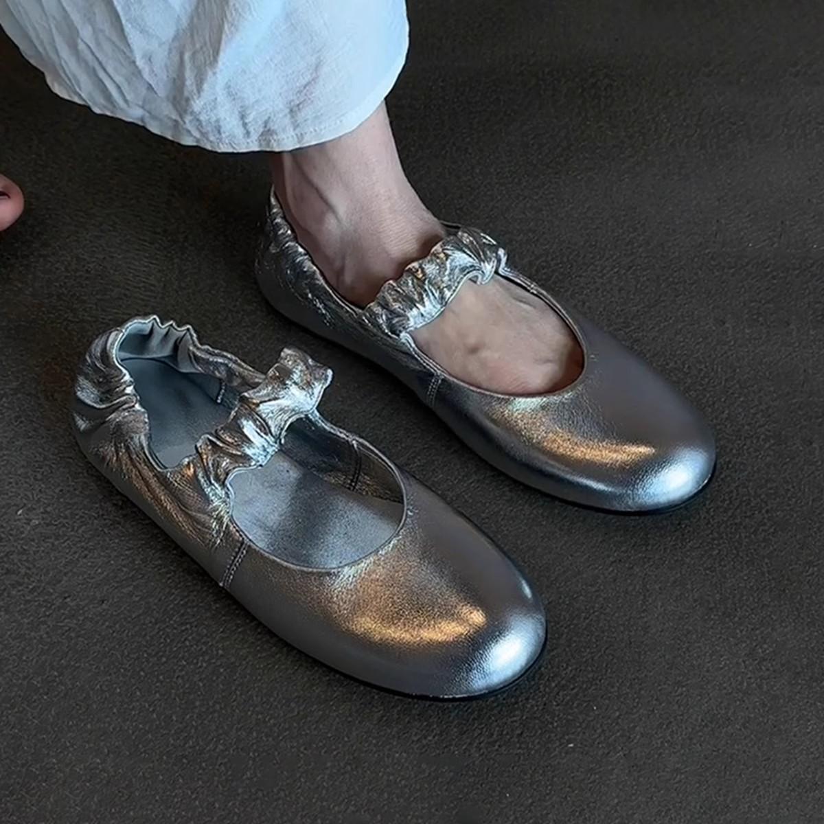 

Sheepskin version~ Silver versatile round head flat shoes women s pleated one-word with light mouth leather casual Mary Jane single shoes 40 срібний