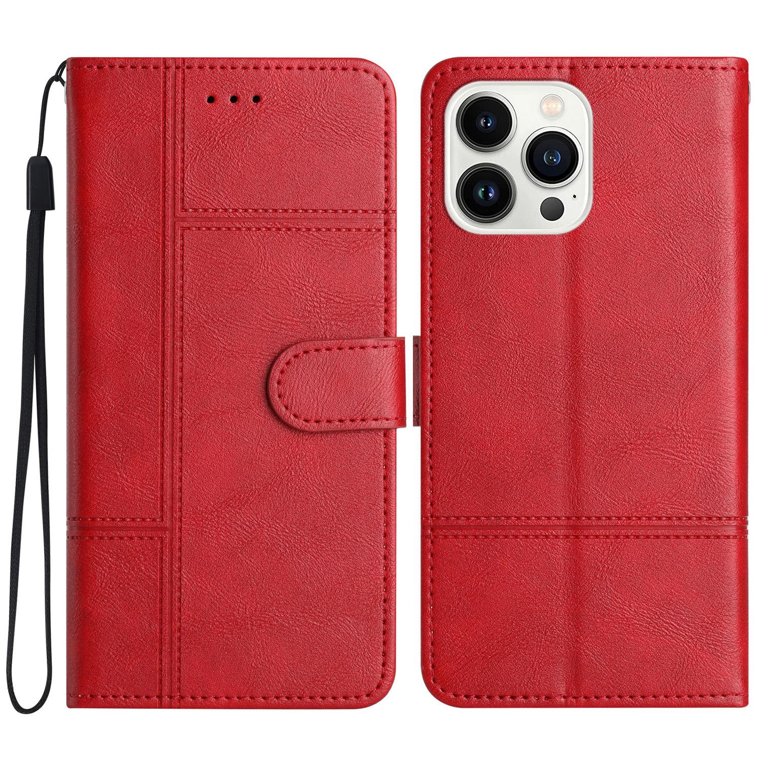 

For iPhone 16 Pro Max Case Line Imprinted PU Leather Wallet Phone Cover Red