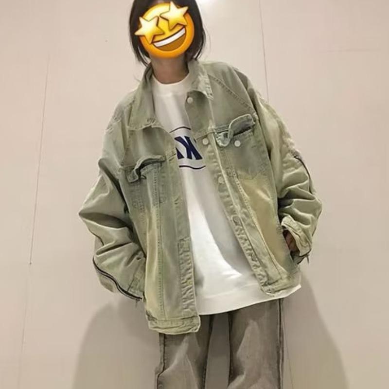 Unisex Vintage Washed Distressed Denim Jacket with Zipper - High-Class, Retro Style for Spring & Autumn