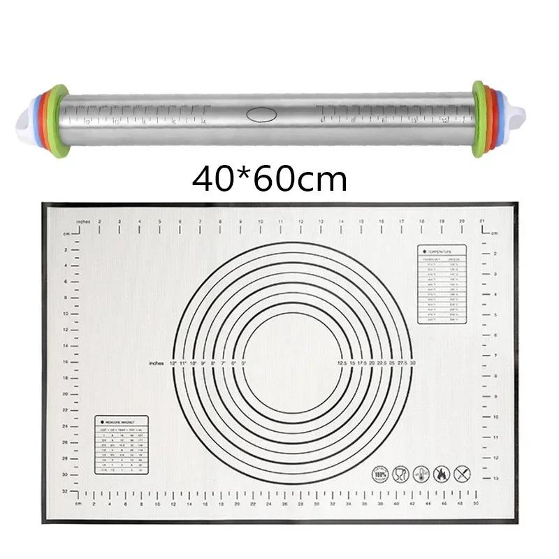 Rolling Pin and Silicone Baking Pastry Mat,Stainless Steel Dough Roller,Rolling Pins with Adjustable Thickness Rings, for Baking