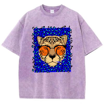Woman Washed T-Shirts Cartoons Comic Cheetah Print Short Sleeve Cotton Distressed Oversize Crewneck Tops Street Clothes