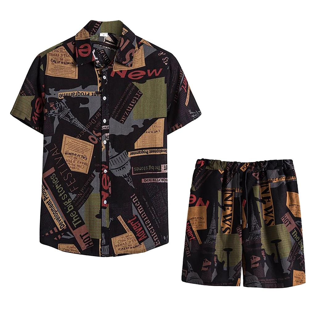 Men’s Summer 2-Piece Beach Printed Short Sleeve Shirts & Shorts Pants Sets