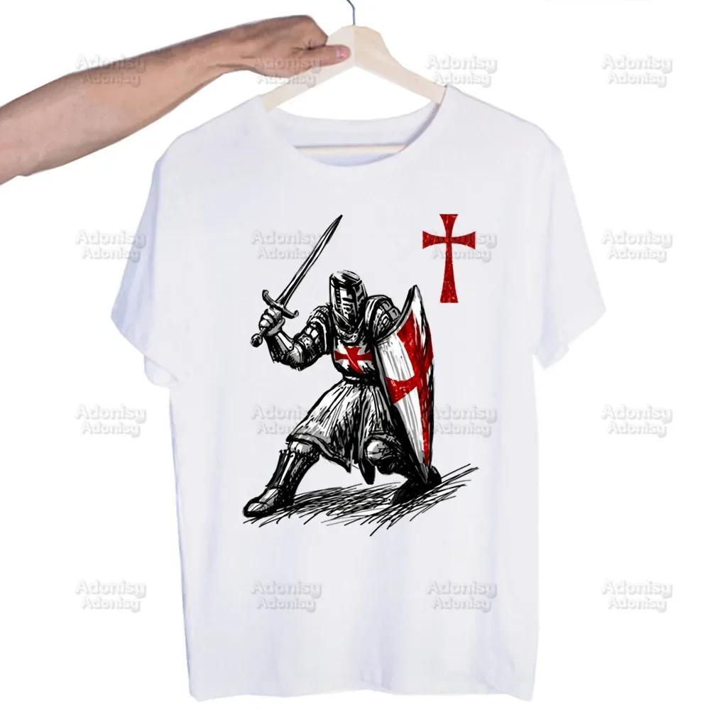 Medieval Knights Templar Printed T Shirt Men Retro Washed Tops Tees Harajuku Tshirt Streetwear Hip Hop Male T-shirts