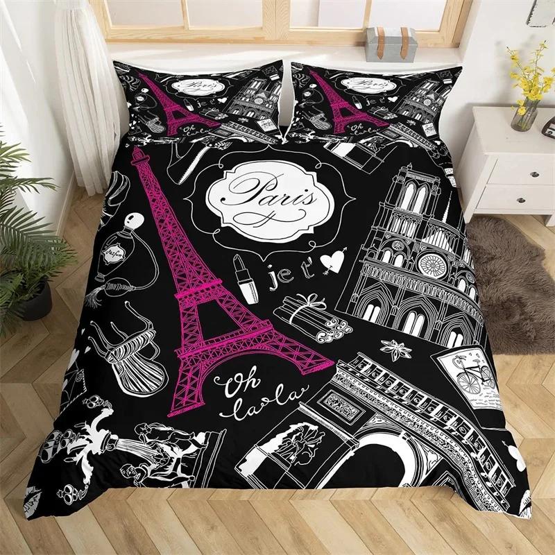 Eiffel Tower Duvet Cover Set Twin King Size Paris Tower Comforter Cover Microfiber Flower Butterfly Bedding Set For Girls Teens