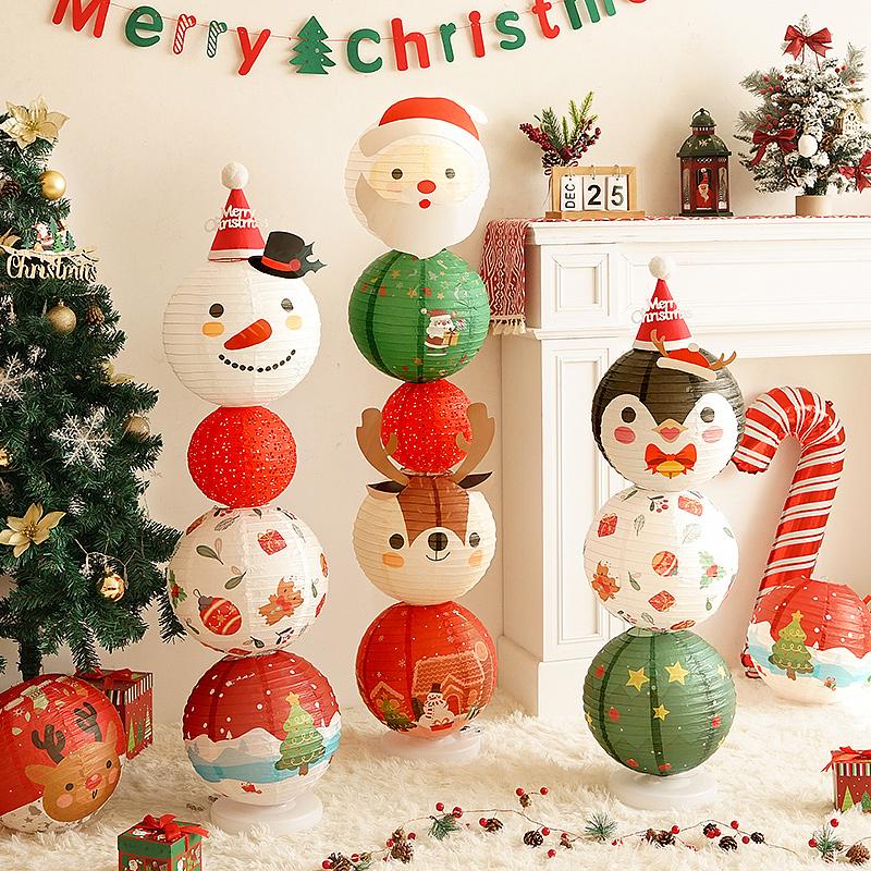 Christmas Hanging Paper Lanterns Cute Cartoon Santa Claus Xmas Tree Paper Lantern Lamps For Christmas Party Decor Photo Props