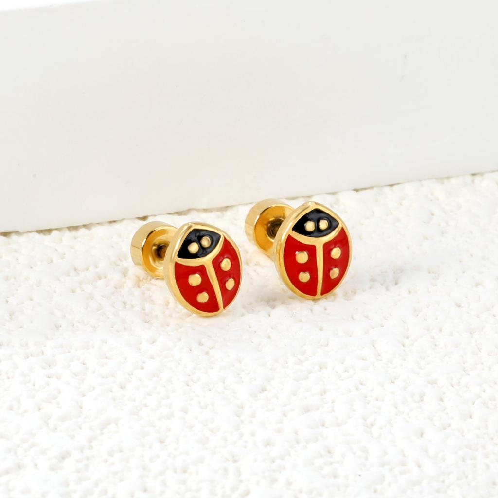 Cute Girls Ladybug Animal Enamel Stud Earrings Twist Pack for Children/Teenagers Titanium Steel 1pairs Drip-Oil Insect Piercing