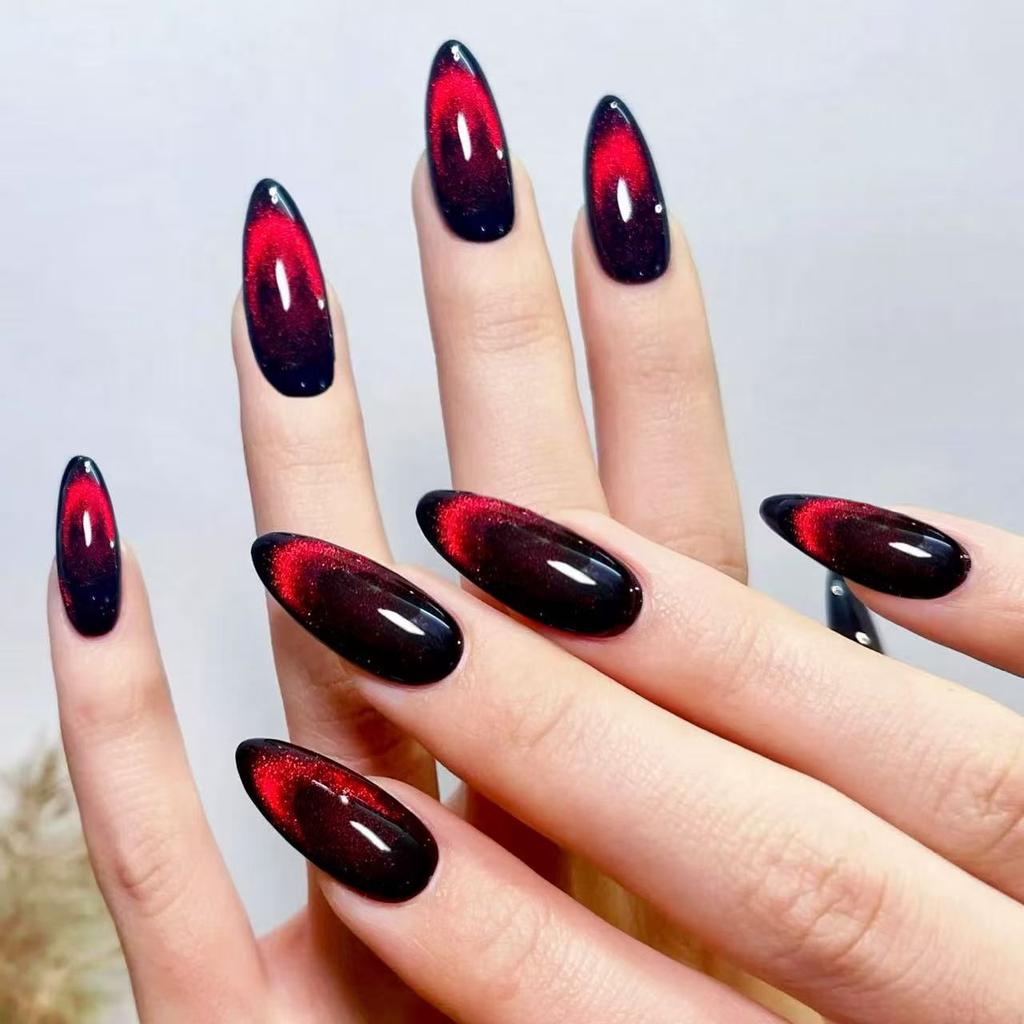 24pcs Glossy Red Cat's Eye Press On Nails Full Cover Nude Wearable Almond False Nails Charms Detachable Fake Nail For Girl