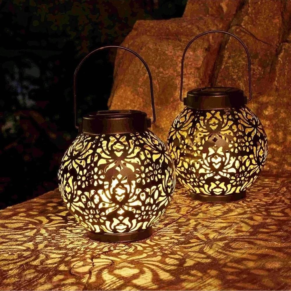 Solar Moroccan Lantern | LED Waterproof Tabletop Light with Handle | Portable Camping/Patio Decor | Auto Dusk-to-Dawn