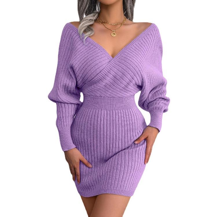 Woolen Wrap Dress Sexy Cross V Neck Batwing Sleeve Solid Color Winter Autumn Hip