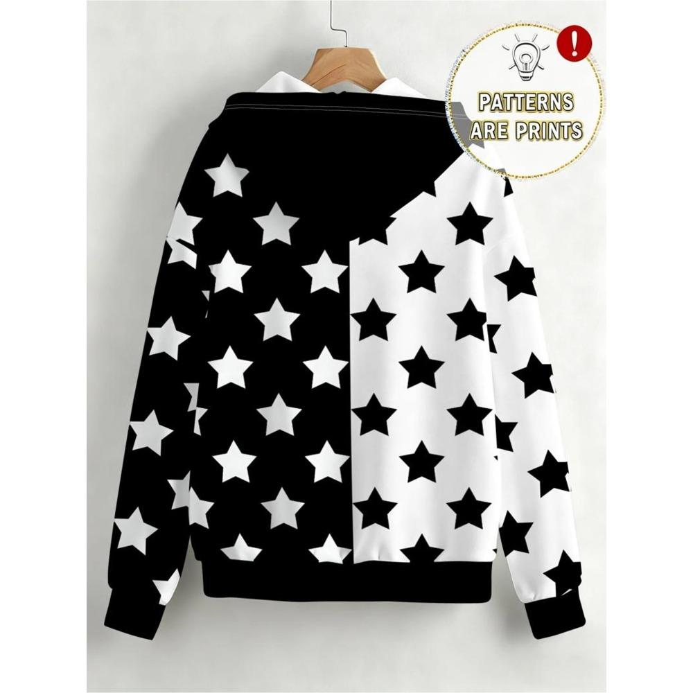 Plus Size Ladies Black and White Block Star Print Full Print Zip Hooded Sweatshirt, Loose