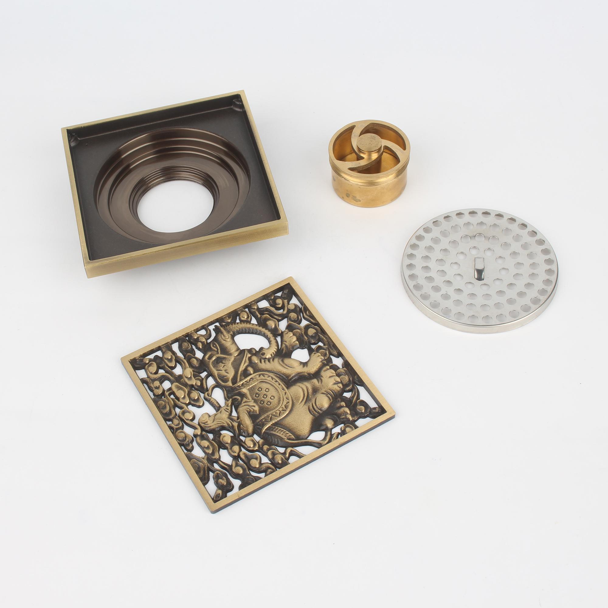 Modern 4-Inch Brass Square Antique Floor Drain Shower Drain with Removable Cover and Waste Water Strainer for Bathrooms (Black,Brass)