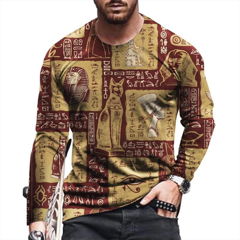 Altägyptische 3D-Druck Herbst Herren O-Ausschnitt T-Shirt Casual Langarm Übergroßer Pullover Mode Tops Streetwear Herren Kleidung