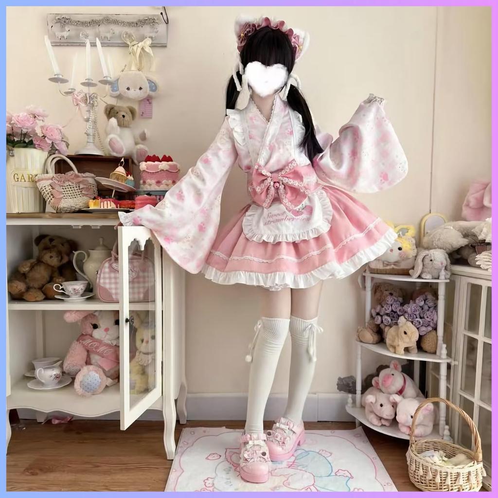 Japanese Lolita Maid Dreamy Gothic Lolita Princess Yukata Style Cosplay Set Size [Rowaica] Outfit, Style, Sleeves, (Blue, S)