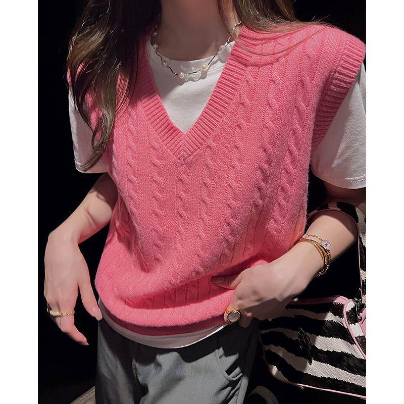 

Women s Korean Style V-Neck Cable Knit Sleeveless Sweater Vest for Autumn/Spring 2XL