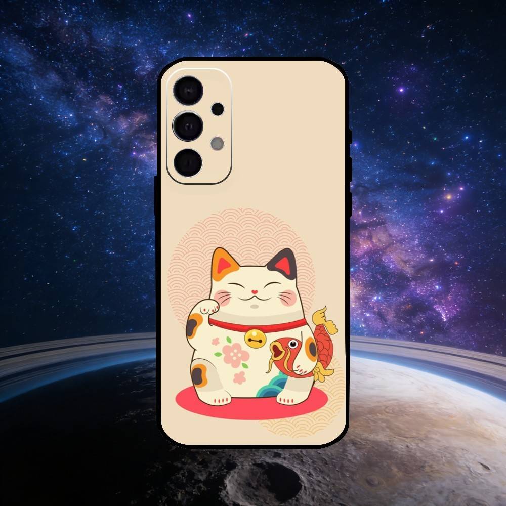 Uroczy Szczęśliwy Kot Maneki Neko Etui na Telefon Dla Samsung S25,S24,S23,S22,S21,S20,Ultra,Plus,FE Czarne Miękkie Etui