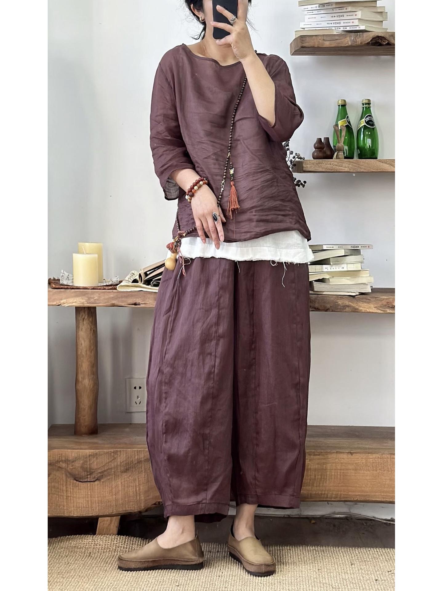 

2026 Summer Artistic Solid Color Ramie Set: Elastic Waist Pumpkin Pants + Simple Top One Size