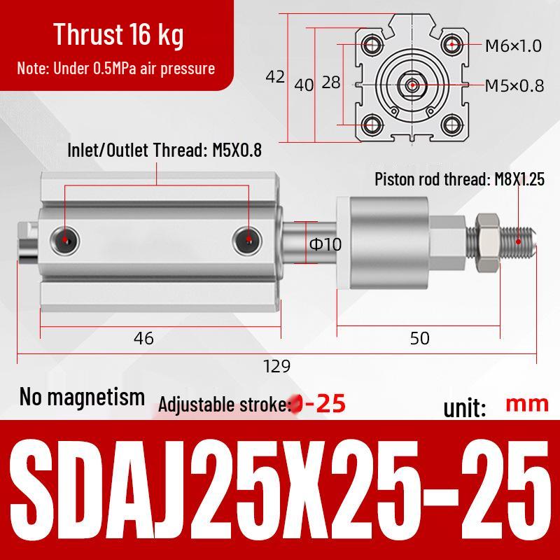 Adjustable Stroke Pneumatic Thin Cylinder - Piston Rod Sizes: 16/20/25/32/40/63
