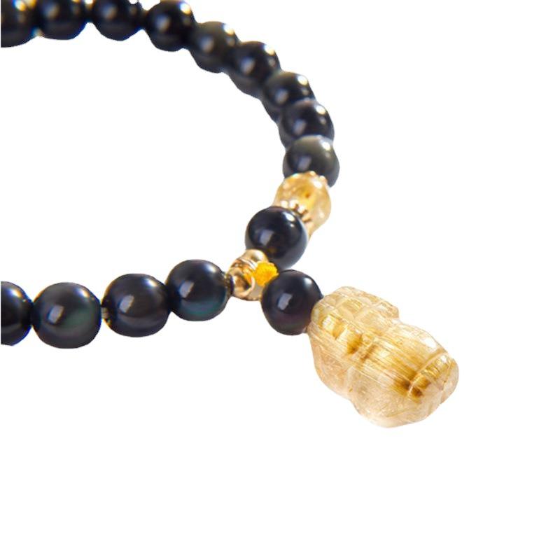 Obsidian Pixiu Crystal Bracelet for Women, Natural Golden Rutilated Quartz, Niche Design, Internet Celebrity Simple Minimalist Style Gift